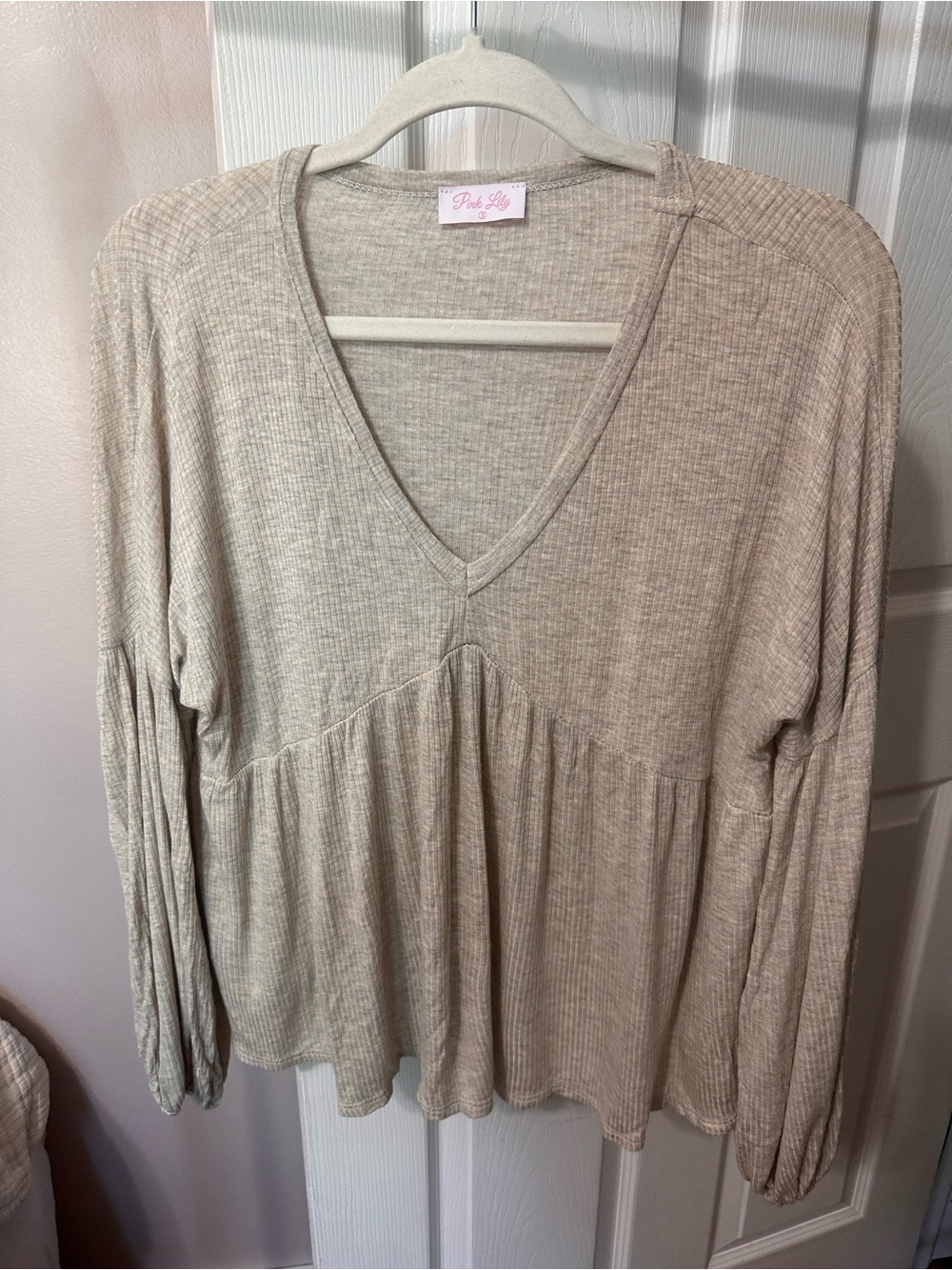 Pink Lily Boutique Beige Ribbed V-Neck Babydoll Long Sleeve Top